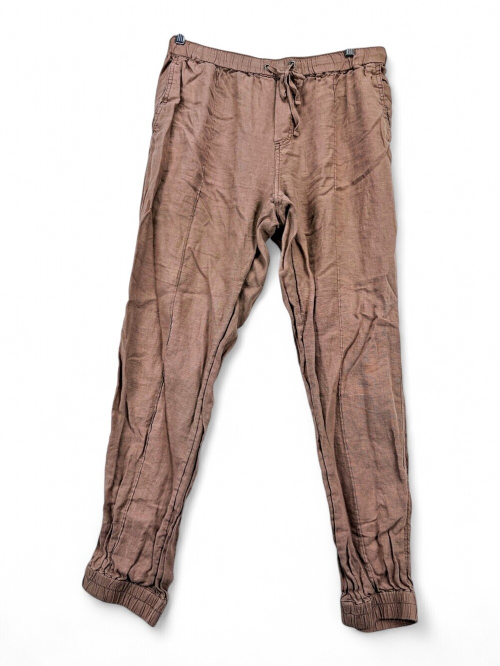 100% Linen Drawstring Jogger Pants Womens Mauve Taupe Relaxed Trousers RN 75343